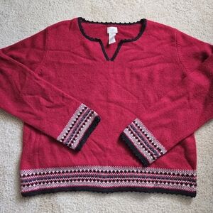 J.Jill lambswool angora rabbit hair Fair Isle pullover v-neck sweater red M Pet